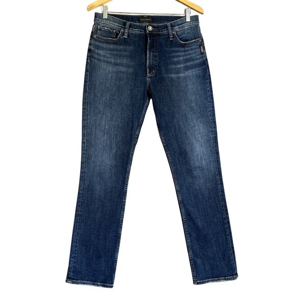 Silver Jeans Women 31/30 Calley Straight Blue Dark Wash Distressed Stretch Denim - Picture 1 of 13